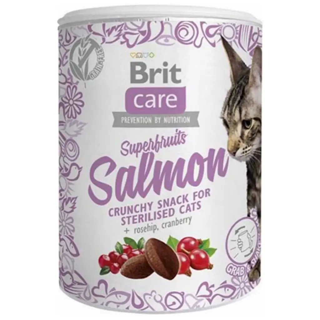 Brit Care Snack Superfruits Tahılsız Somonlu ve Meyveli Kısırlaştırılmış Kedi Ödülü 100 Gr