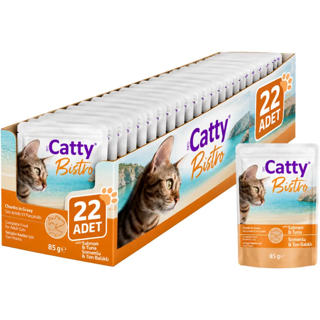 Catty Sos İçinde Somonlu & Ton Balıklı Yetişkin Kedi Yaş Maması 85 Gr 22 Adet