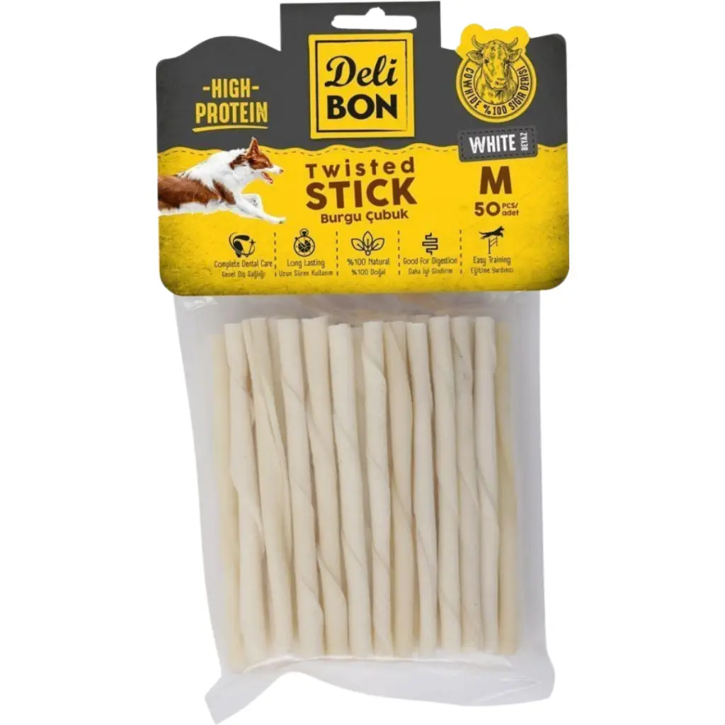Delibon Twisted Stick Beyaz Kalın Burgu Çubuk Köpek Ödülü 50 Li Paket