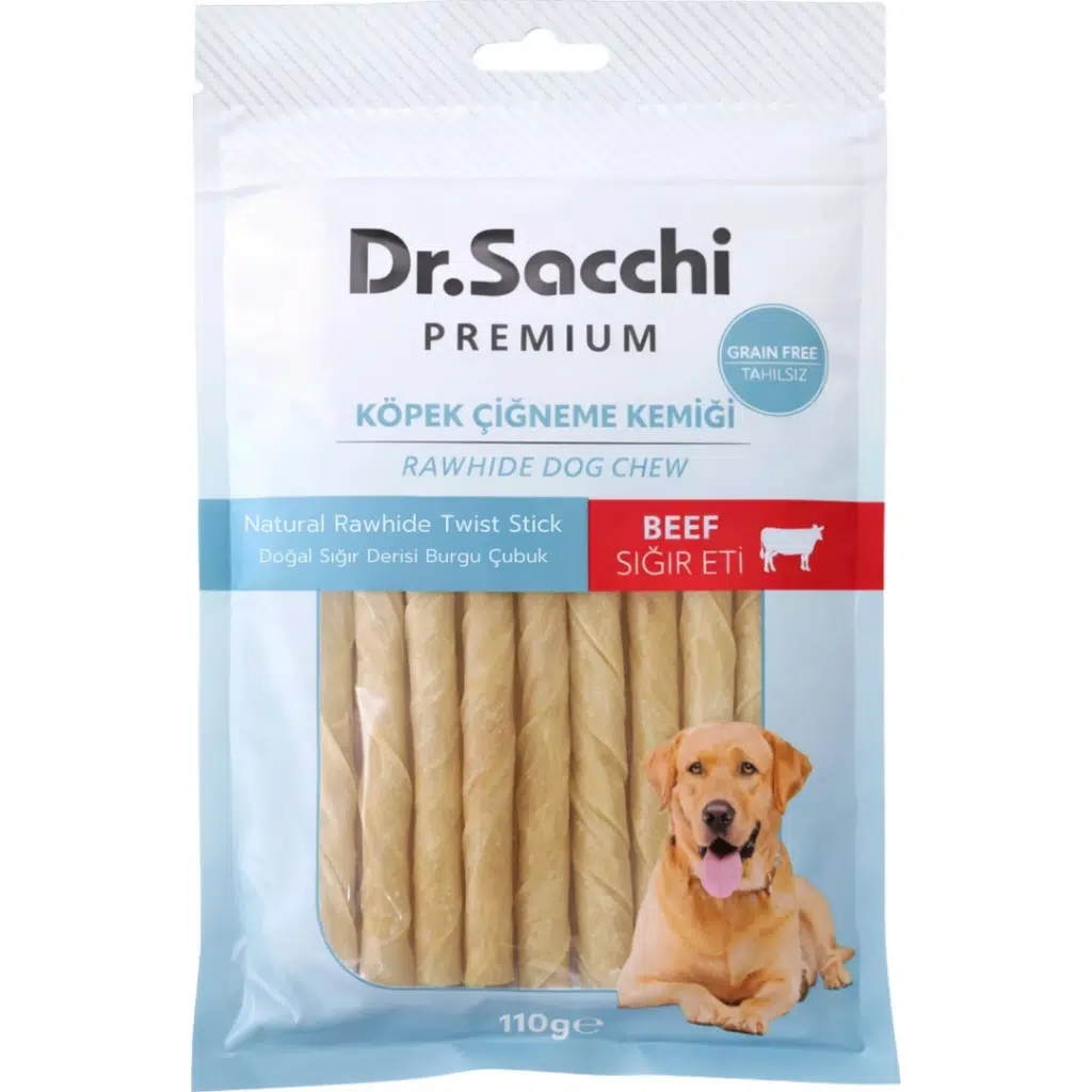 Dr.Sacchi Premium Sığır Etli Doğal Sığır Derisi Burgu Çubuk Tahılsız Köpek Ödülü 15 Li 110 Gr