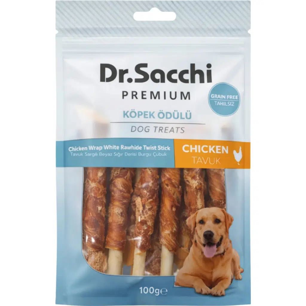 Dr.Sacchi Premium Tavuk Sargılı Beyaz Sığır Derisi Burgu Çubuk Tahılsız Köpek Ödülü 10 Lu 100 Gr