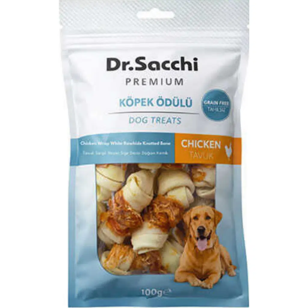 Dr.Sacchi Premium Tavuk Sargılı Beyaz Sığır Derisi Düğüm Kemik Tahılsız Köpek Ödülü 8 Li 100 Gr