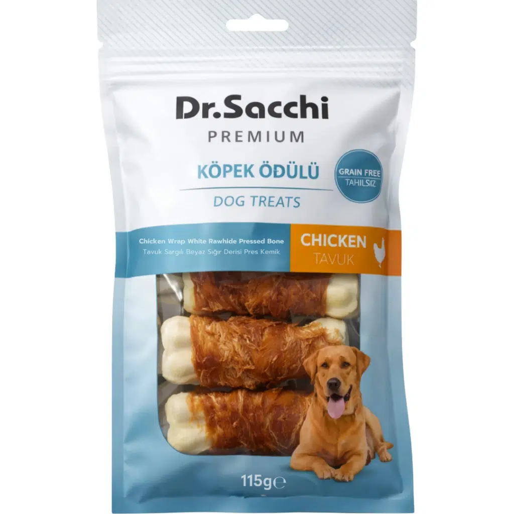 Dr.Sacchi Premium Tavuk Sargılı Beyaz Sığır Derisi Pres Kemik Tahılsız öpek Ödülü 5 Li 115 Gr