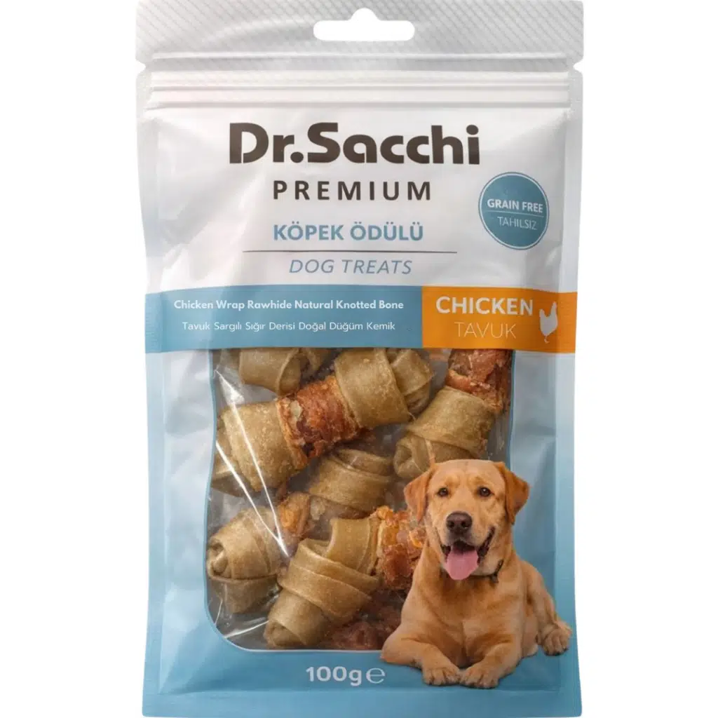 Dr.Sacchi Premium Tavuk Sargılı Sığır Derisi Doğal Düğüm Kemik Tahılsız Köpek Ödülü 8 Li 100 Gr