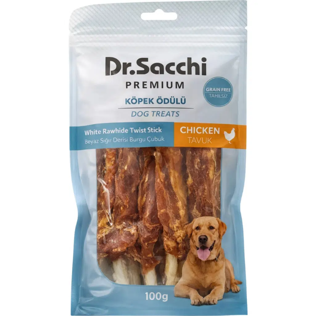 Dr.Sacchi Premium Tavuklu Beyaz Sığır Derisi Burgu Çubuk Tahılsız Köpek Ödülü 5 Li 100 Gr
