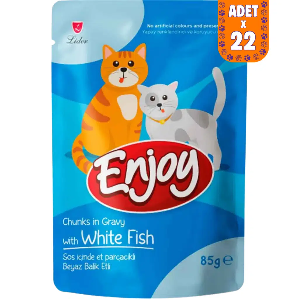 Enjoy Sos İçinde Et Parçacıklı Beyaz Balık Etli Kedi Yaş Maması Pouch 22x85 Gr