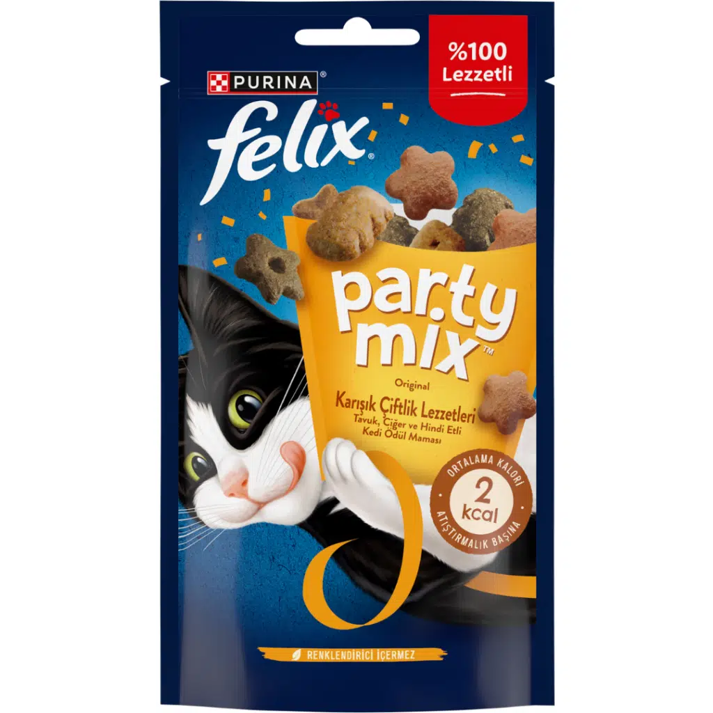 Felix Party Mix Karışık Çiftlik Lezzetleri Tavuk Ciğer ve Hindi Etli Kedi Ödülü 60 Gr