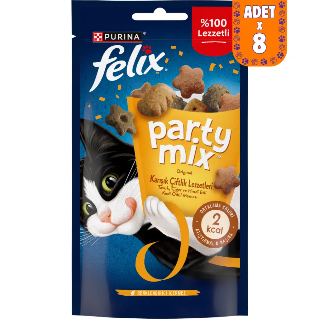 Felix Party Mix Karışık Çiftlik Lezzetleri Tavuk Ciğer ve Hindi Etli Kedi Ödülü 8x60 Gr