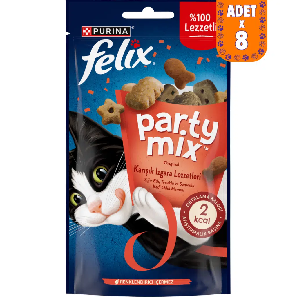 Felix Party Mix Karışık Izgara Lezzetleri Sığır Etli Tavuklu ve Somonlu Kedi Ödülü 8x60 Gr