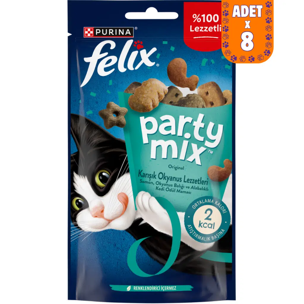 Felix Party Mix Karışık Okyanus Lezzetleri Somon Okyanus Balığı ve Alabalıklı Kedi Ödülü 8x60 Gr