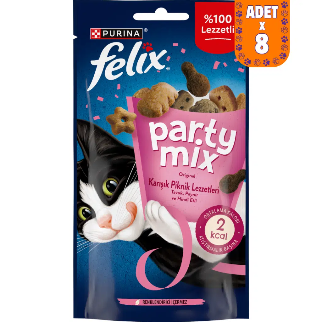 Felix Party Mix Karışık Piknik Lezzetleri Tavuk Peynir ve Hindi Etli Kedi Ödülü 8x60 Gr
