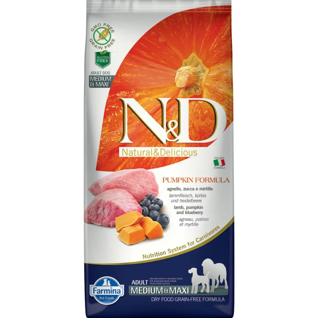 N&D Pumpkin Kuzu Etli Yaban Mersinli ve Balkabaklı Medium & Maxi Yetişkin Köpek Maması 12 Kg