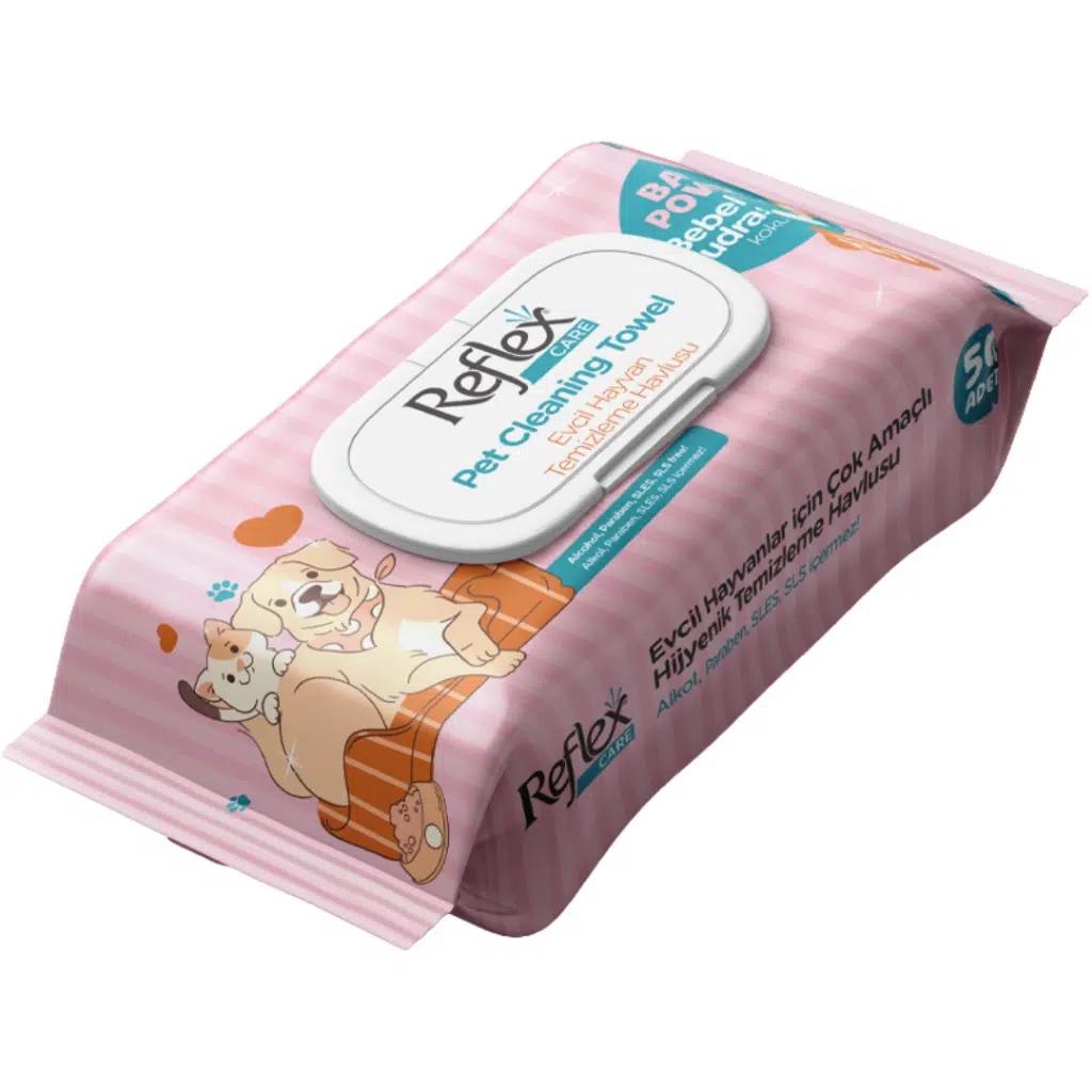 Reflex Care Bebek Pudrası Kokulu Evcil Hayvanlar İçin Çok Amaçlı Temizleme Havlusu 50 Li