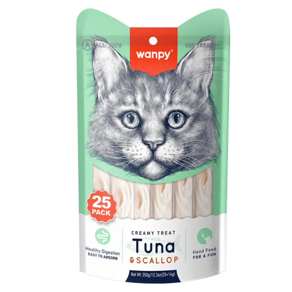 Wanpy Creamy Treat Ton Balıklı ve Deniz Taraklı Sıvı Kedi Ödül Maması 25x14 Gr