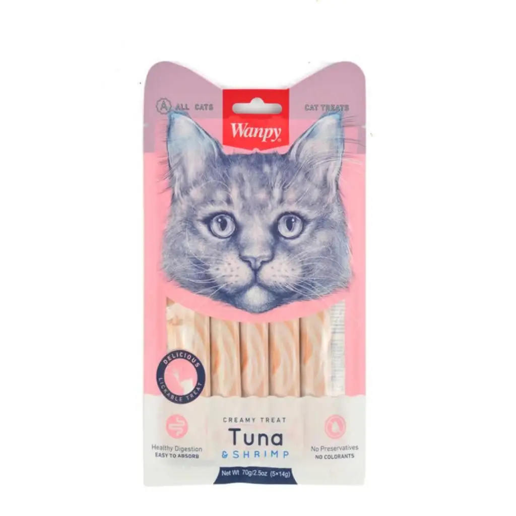 Wanpy Creamy Treat Ton Balıklı ve Karidesli Sıvı Kedi Ödül Maması 5x14 Gr