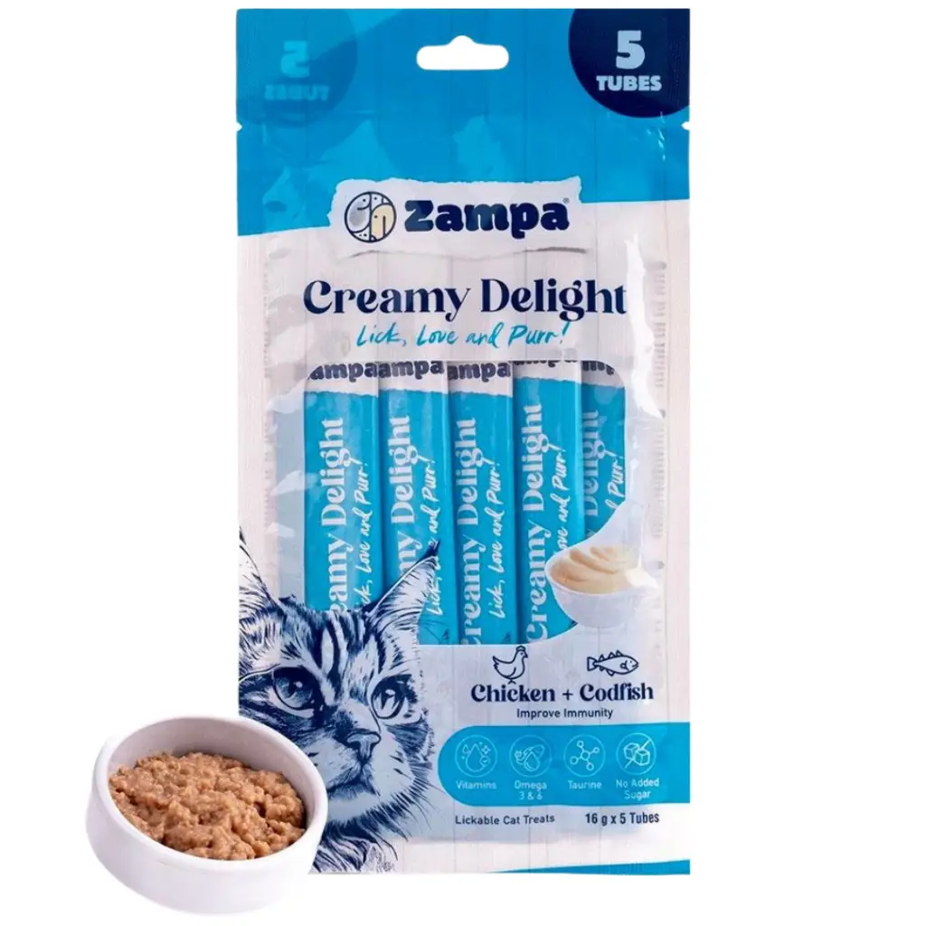 Zampa Creamy Delight Tavuklu ve Morina Balıklı Krema Kedi Ödülü 5x16 Gr
