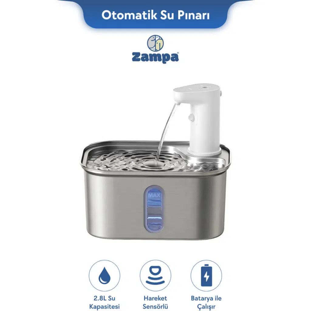Zampa Kedi ve Köpekler İçin Kare Sensörlü Bataryalı Çelik Otomatik Su Pınarı 2.8 Litre