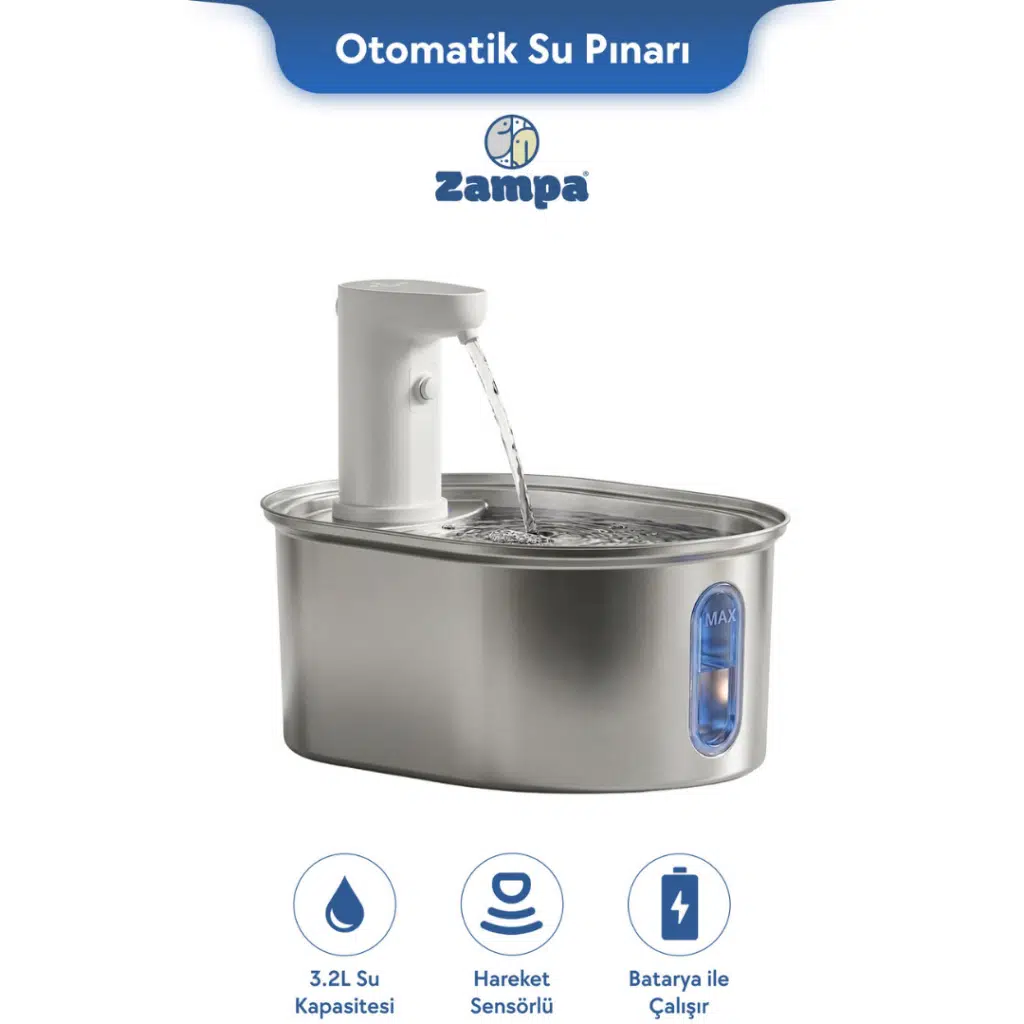Zampa Kedi ve Köpekler İçin Oval Sensörlü Bataryalı Çelik Otomatik Su Pınarı 3.2 Litre