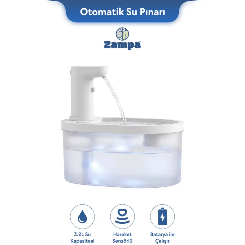 Zampa Kedi ve Köpekler İçin Oval Sensörlü Bataryalı Otomatik Su Pınarı 3.2 Litre