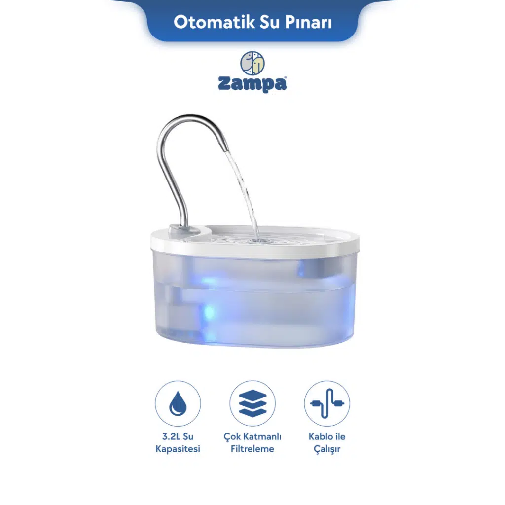Zampa Kedi ve Köpekler İçin Oval Otomatik Su Pınarı 3.2 Litre